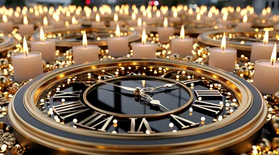Golden Clock Surrounded By Glowing Candles