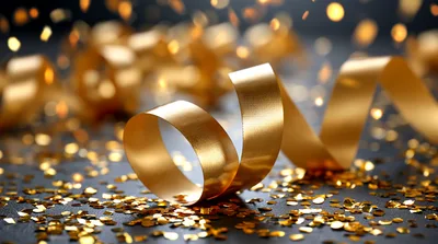 Golden Ribbon And Confetti On Dark Background