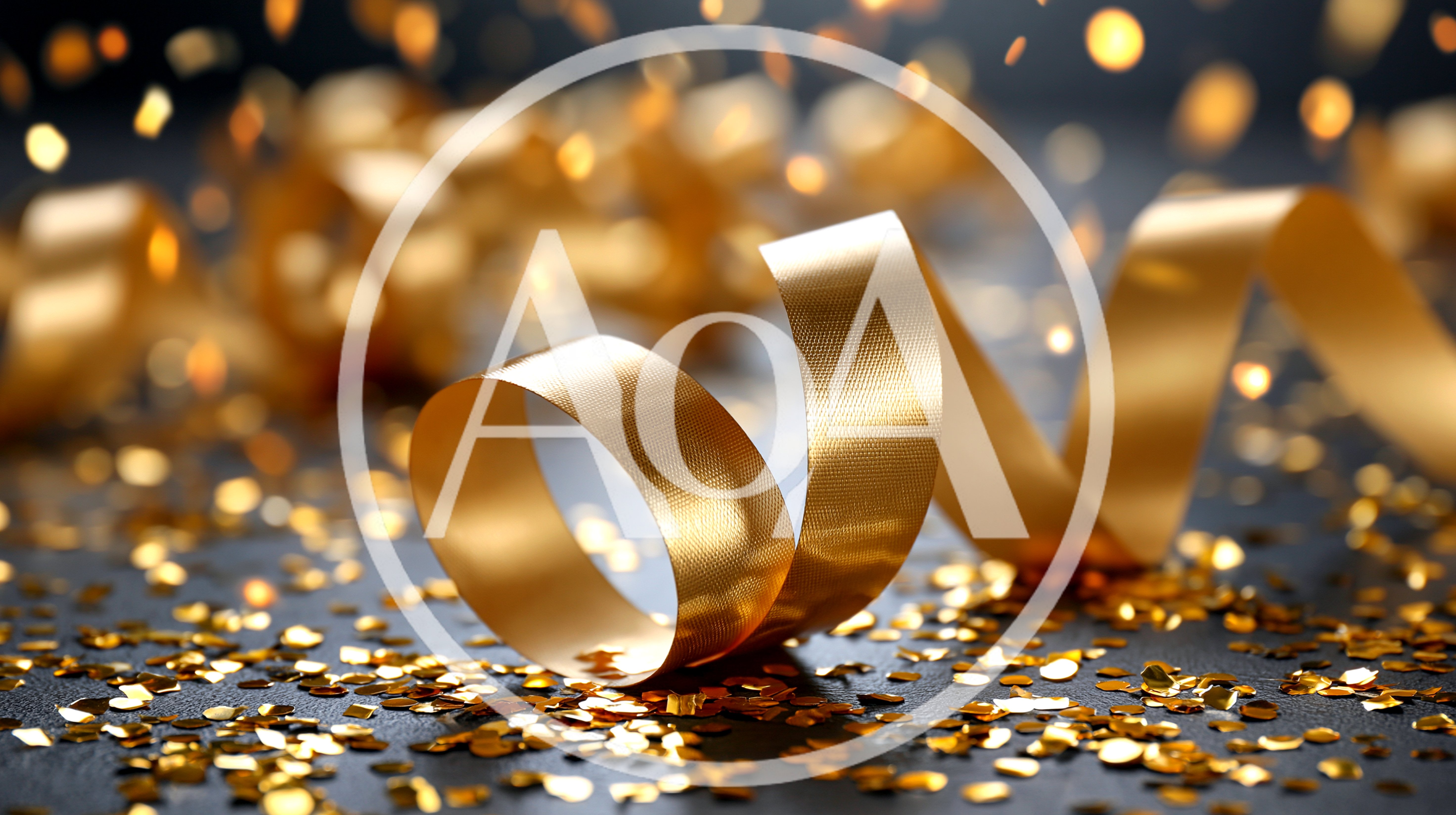 Golden Ribbon And Confetti On Dark Background
