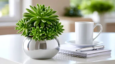 Succulent Plant In Silver Pot On Office Desk