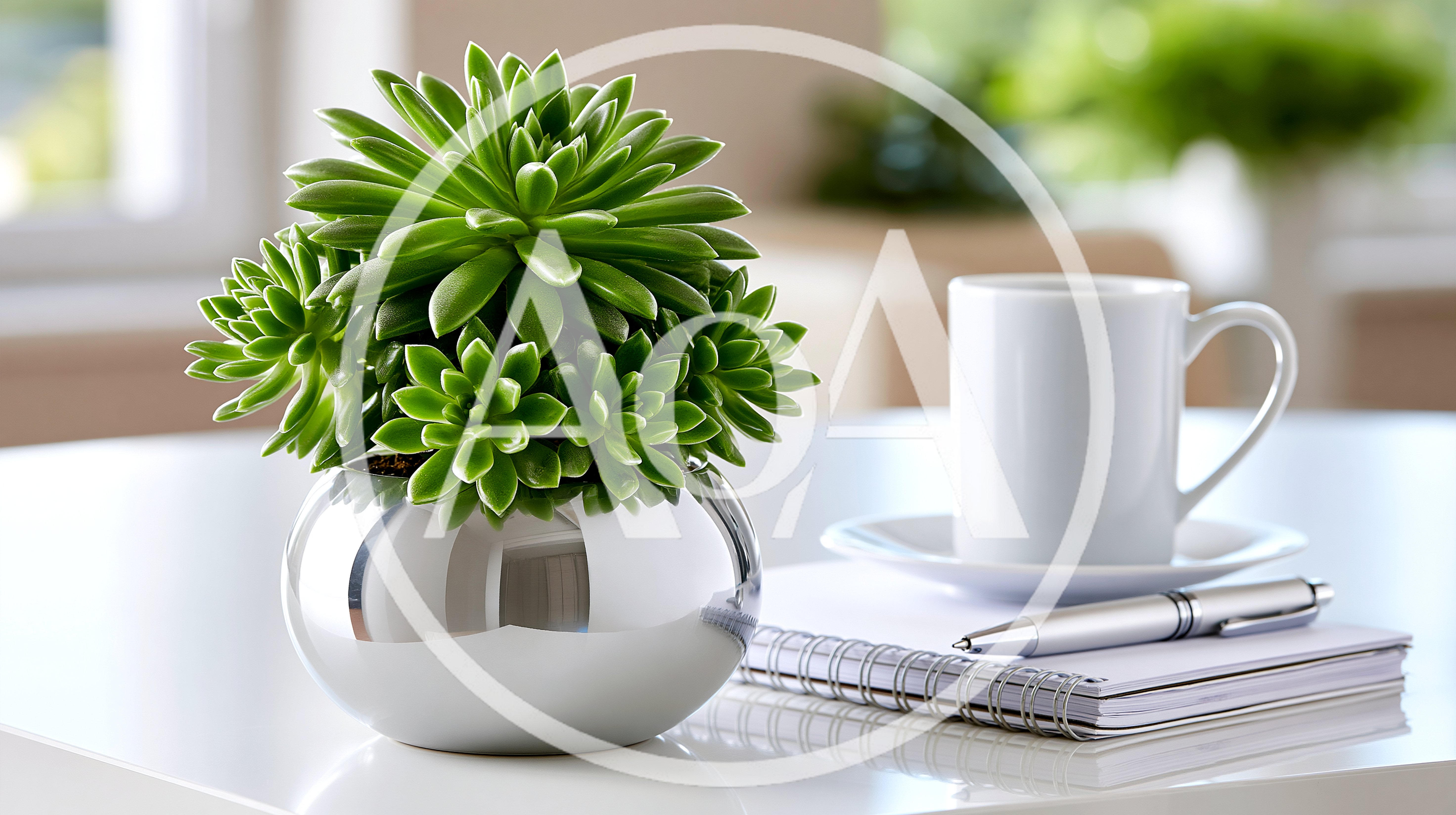 Succulent Plant In Silver Pot On Office Desk