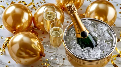 Champagne Bottle In Ice Bucket With Golden Balloons