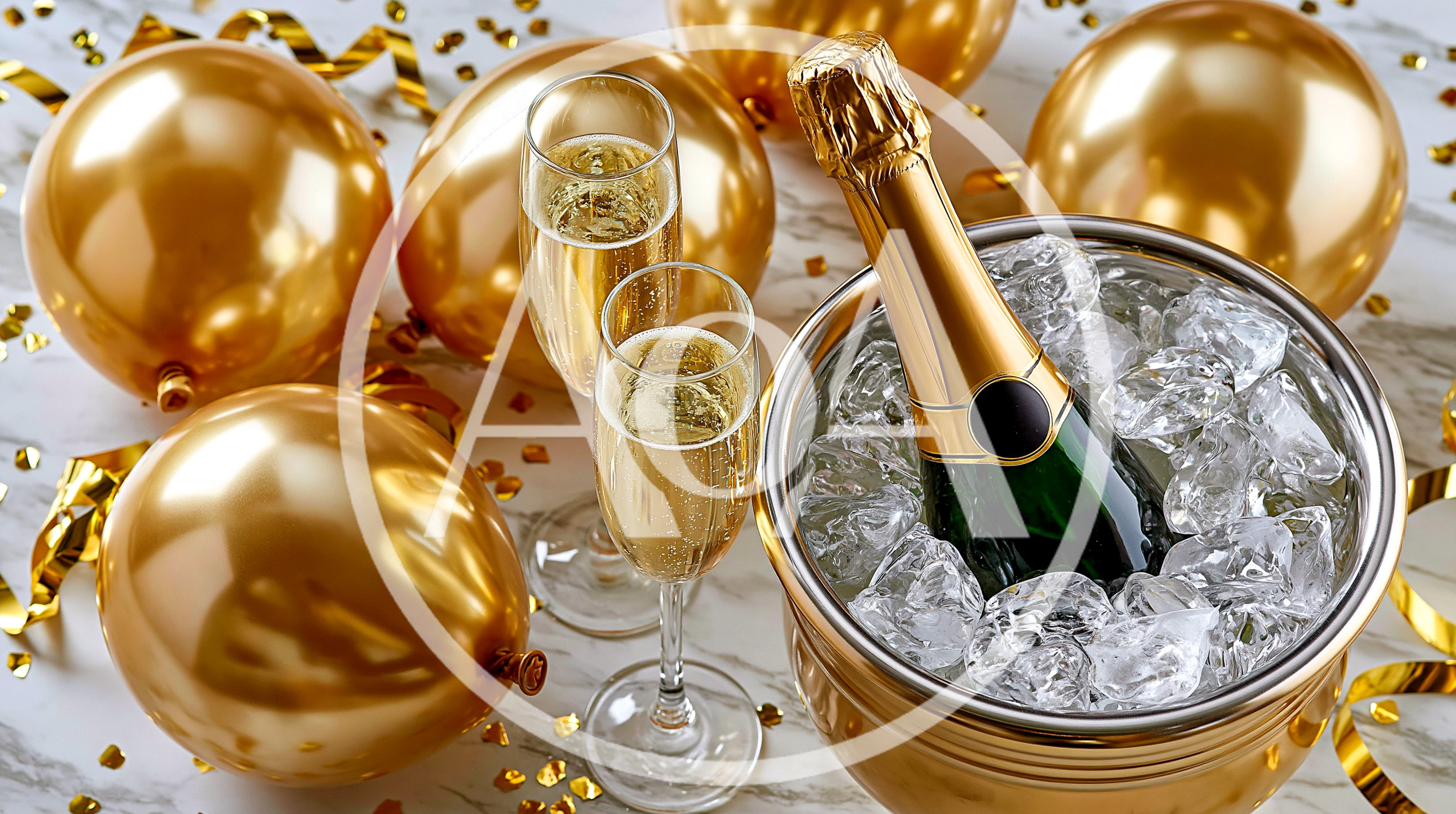 Champagne Bottle In Ice Bucket With Golden Balloons