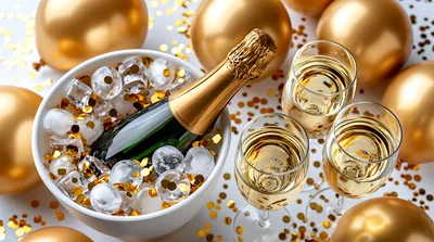 Champagne Bottle In Ice Bucket With Golden Balloons