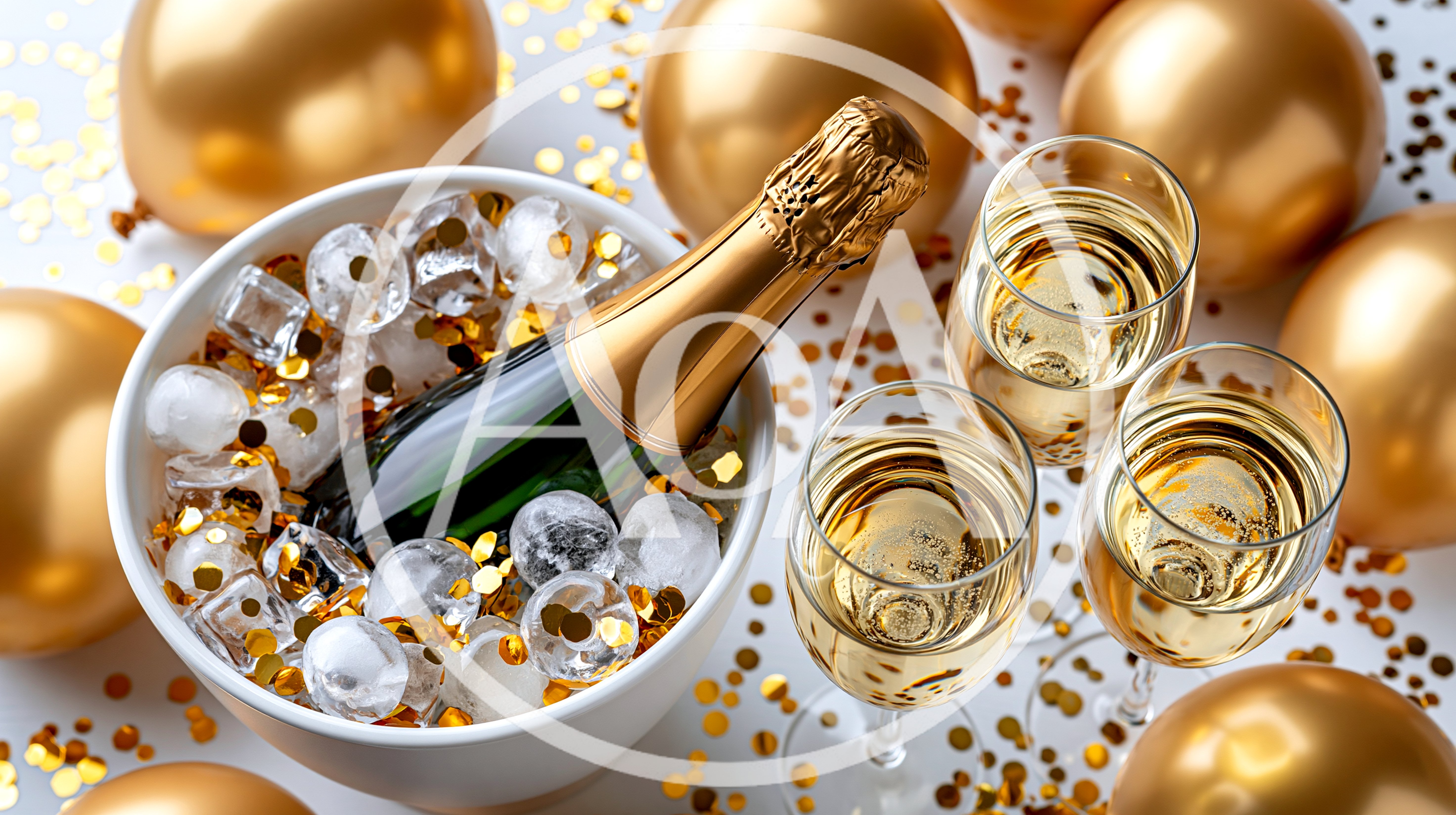 Champagne Bottle In Ice Bucket With Golden Balloons