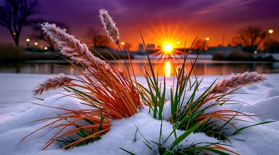Frost Covered Ornamental Grasses During A Winter Sunset