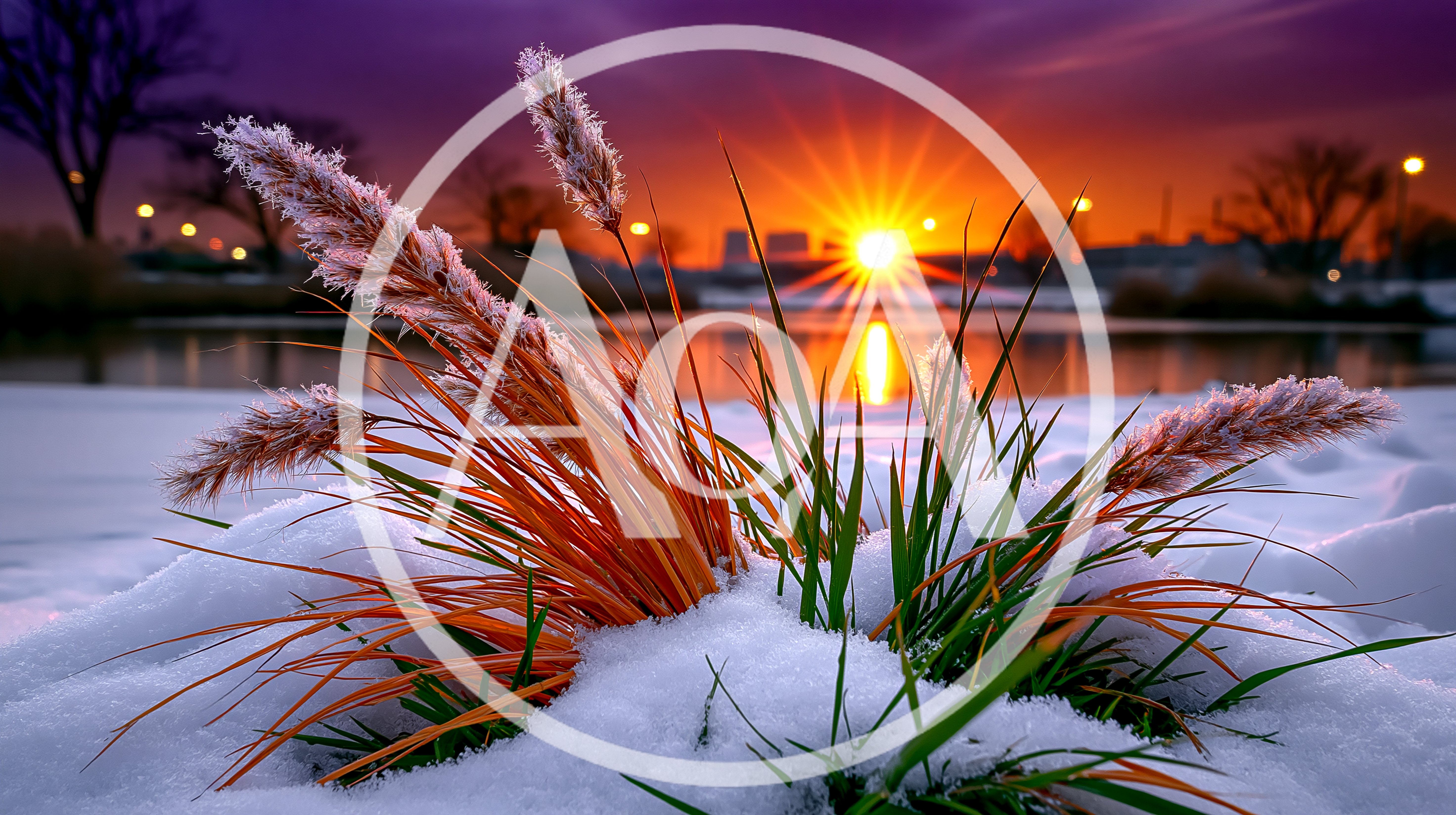 Frost Covered Ornamental Grasses During A Winter Sunset