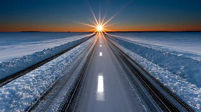 Empty Road Through Snowy Landscape At Sunrise