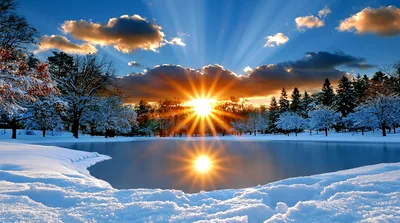 Winter Sunrise Over A Frozen Lake