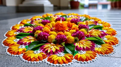 Floral Rangoli Design With Lit Diya