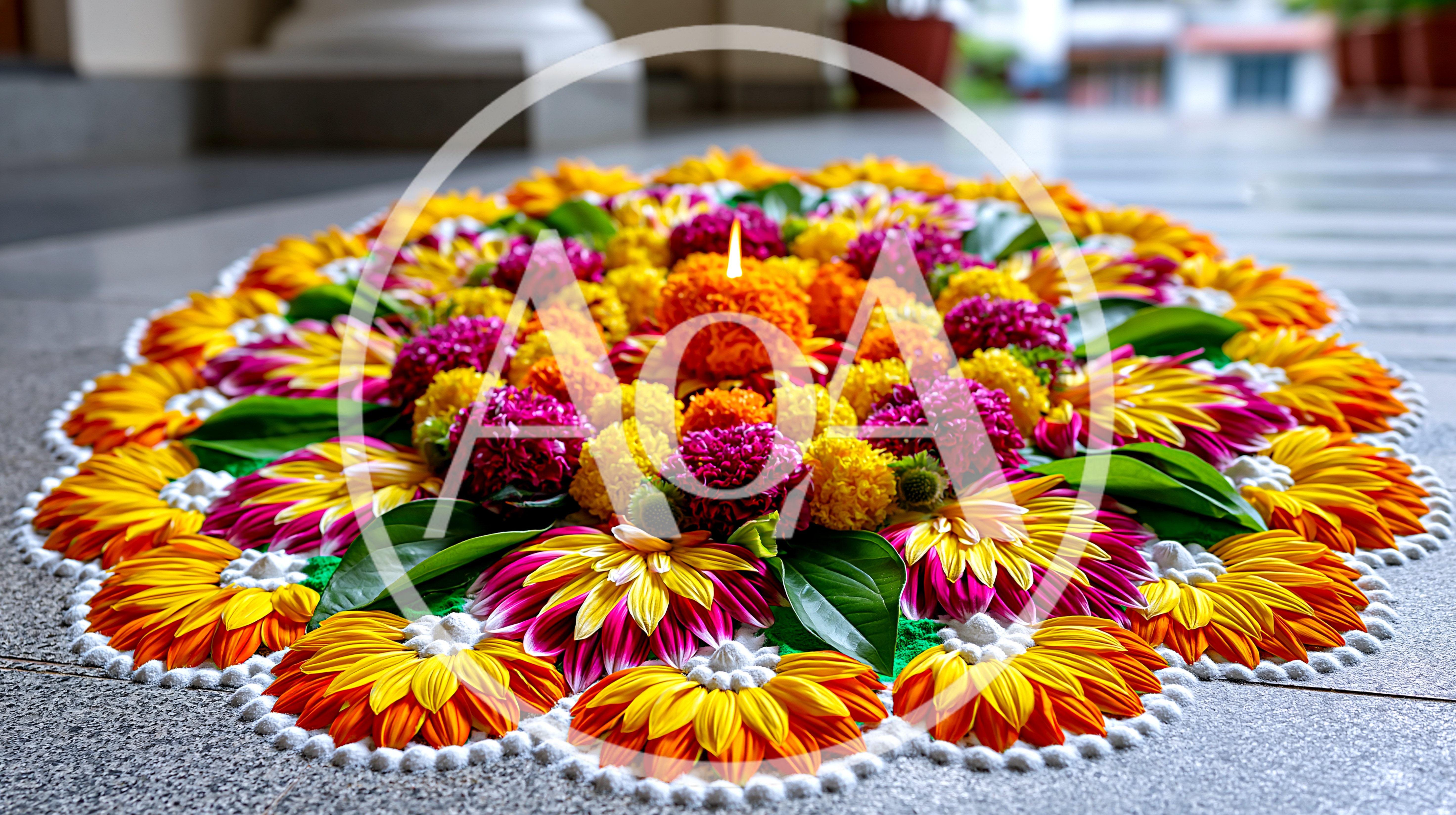 Floral Rangoli Design With Lit Diya