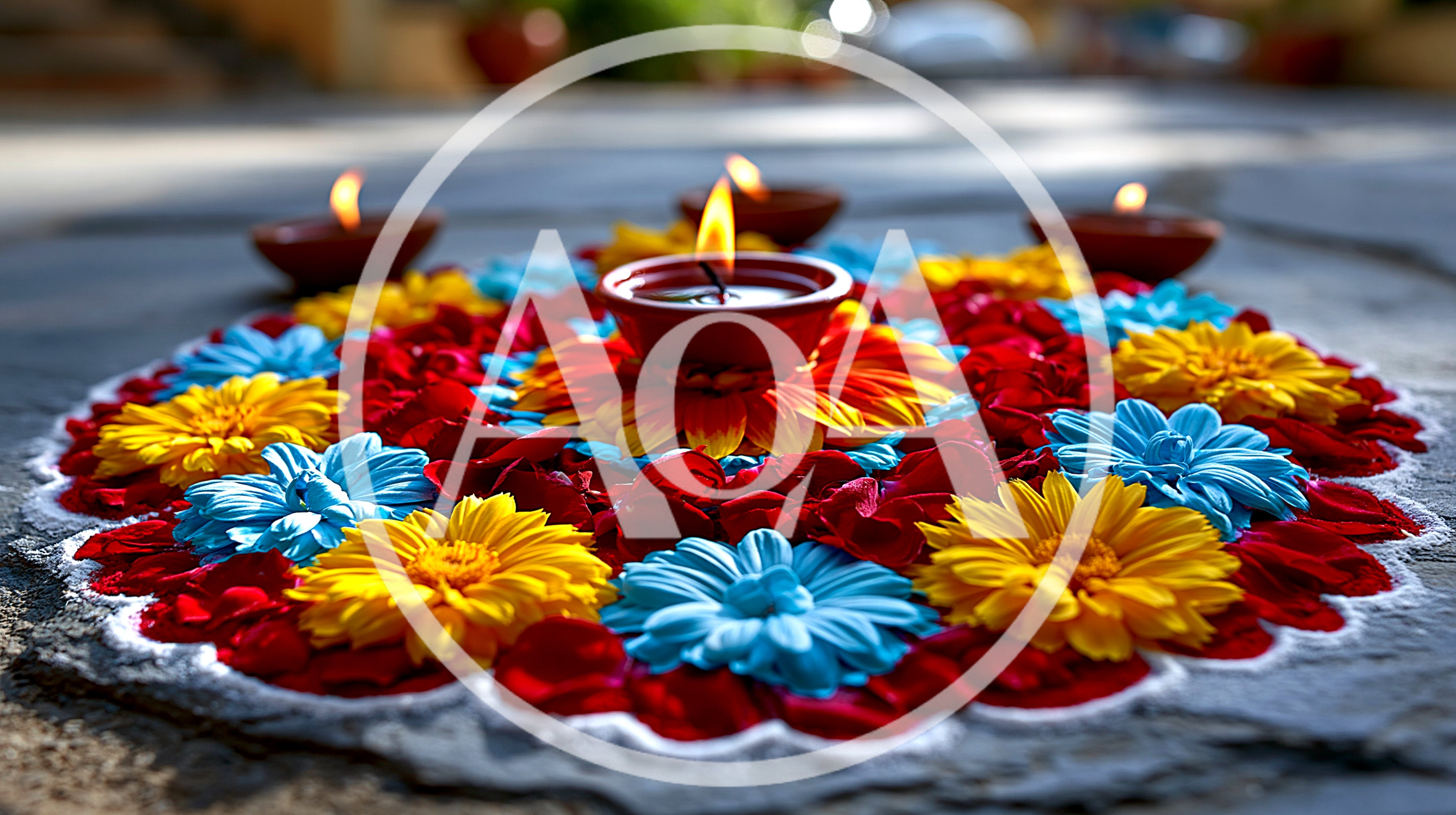 Diwali Rangoli Decoration With Flowers And Lit Diyas