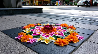 Floral Rangoli Decoration With Lit Diya On Tiled Floor