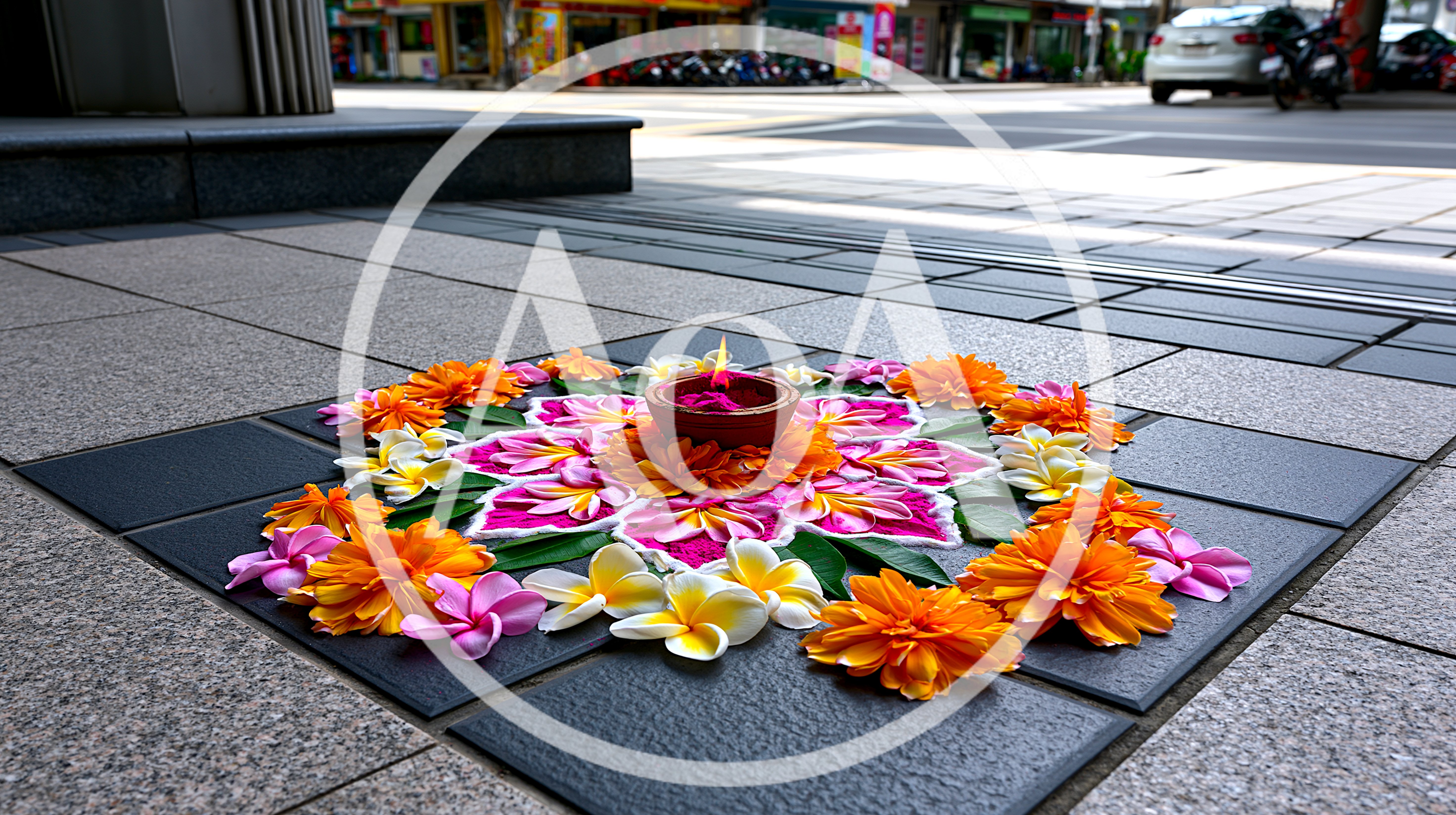 Floral Rangoli Decoration With Lit Diya On Tiled Floor