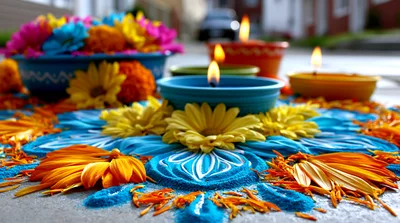 Diwali Rangoli Decoration With Flowers And Lit Diyas