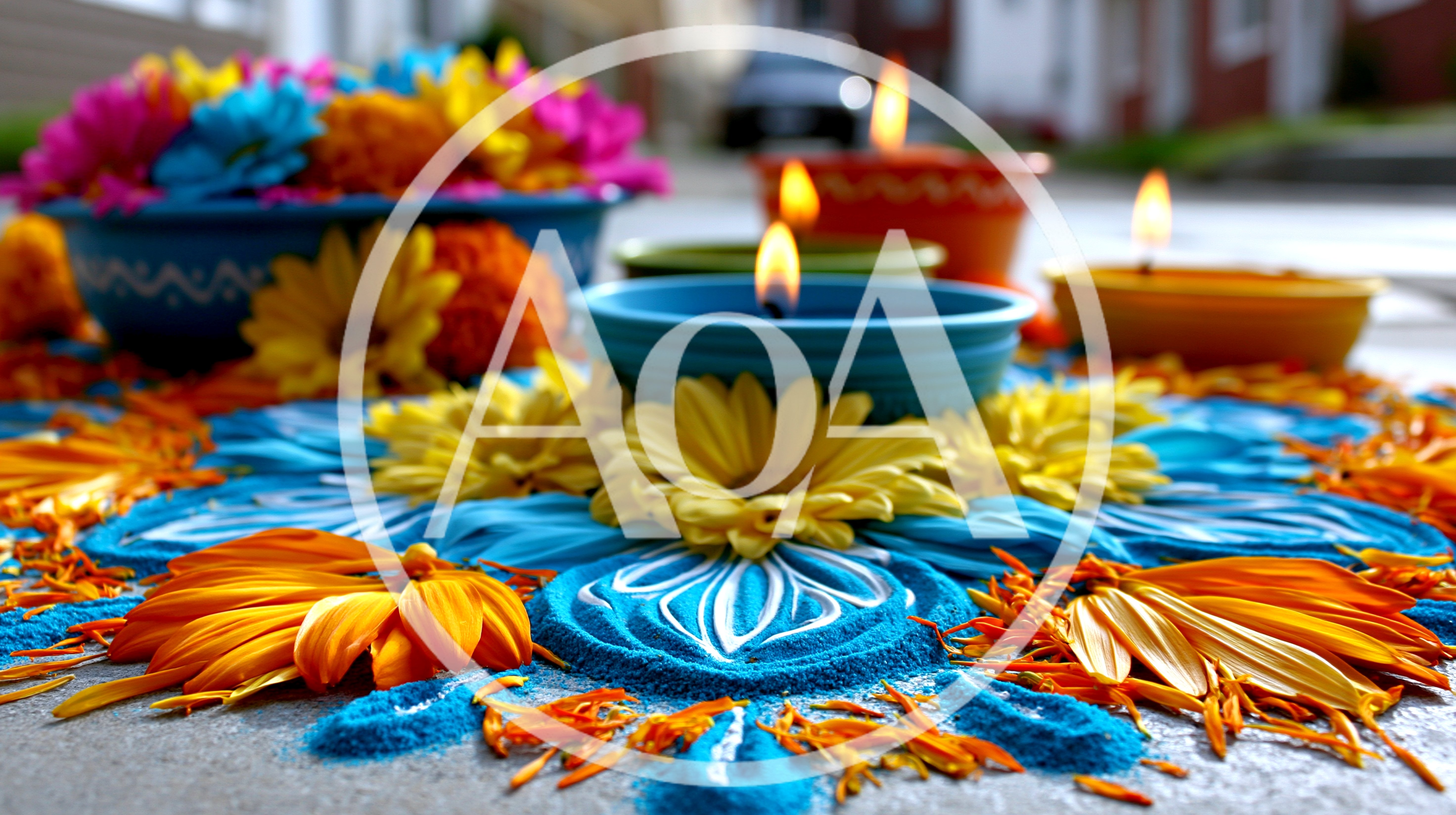 Diwali Rangoli Decoration With Flowers And Lit Diyas