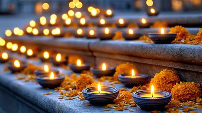Diya Oil Lamps Arranged On Stone Steps