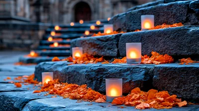 Candlelit Stone Steps Decorated With Orange Marigold Petals