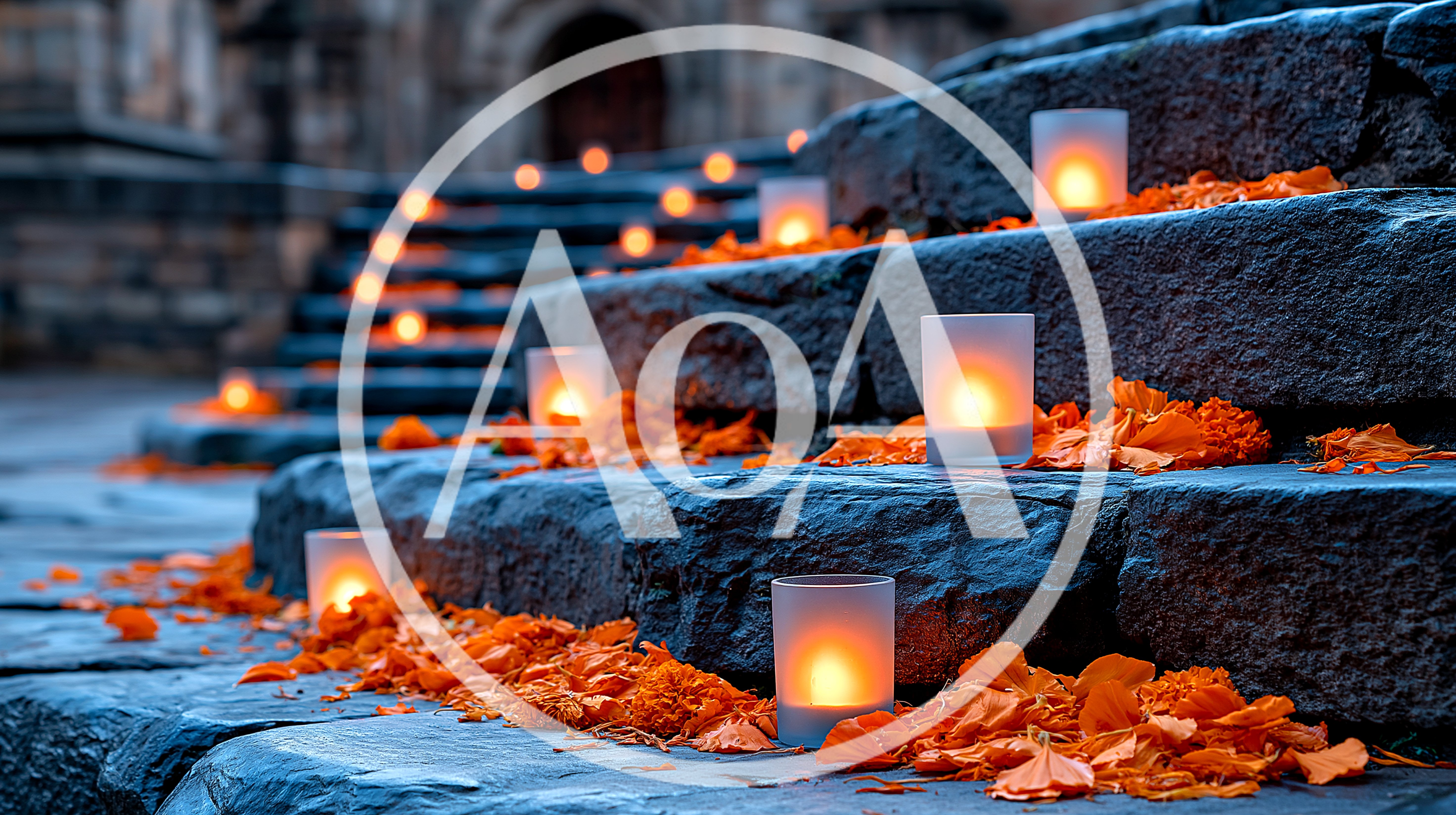 Candlelit Stone Steps Decorated With Orange Marigold Petals