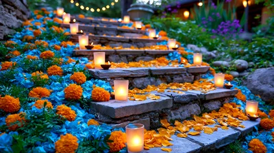 Stone Garden Stairs Decorated With Marigolds And Candles