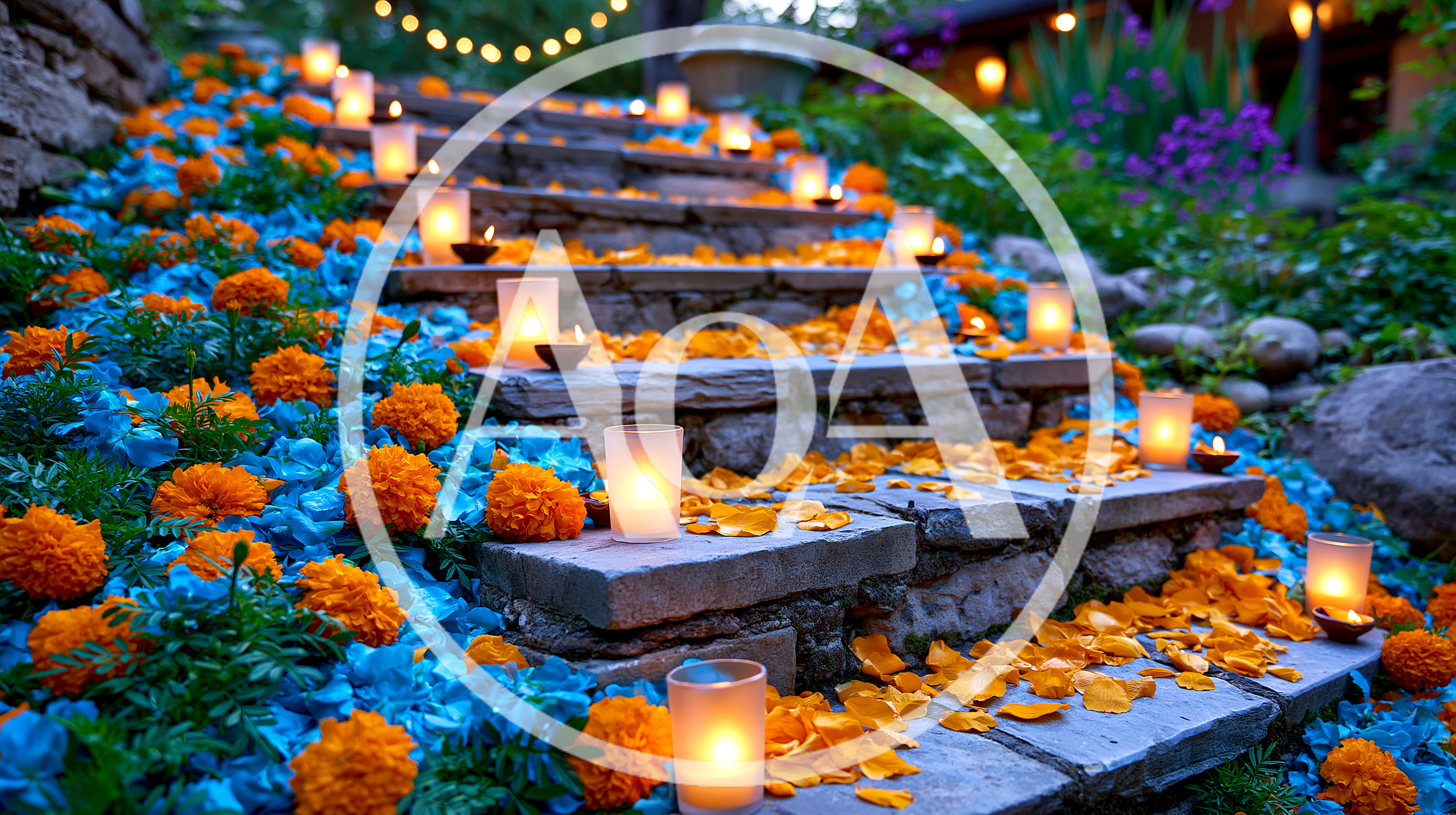 Stone Garden Stairs Decorated With Marigolds And Candles