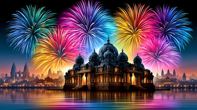 Fireworks Display Over An Illuminated Temple At Night