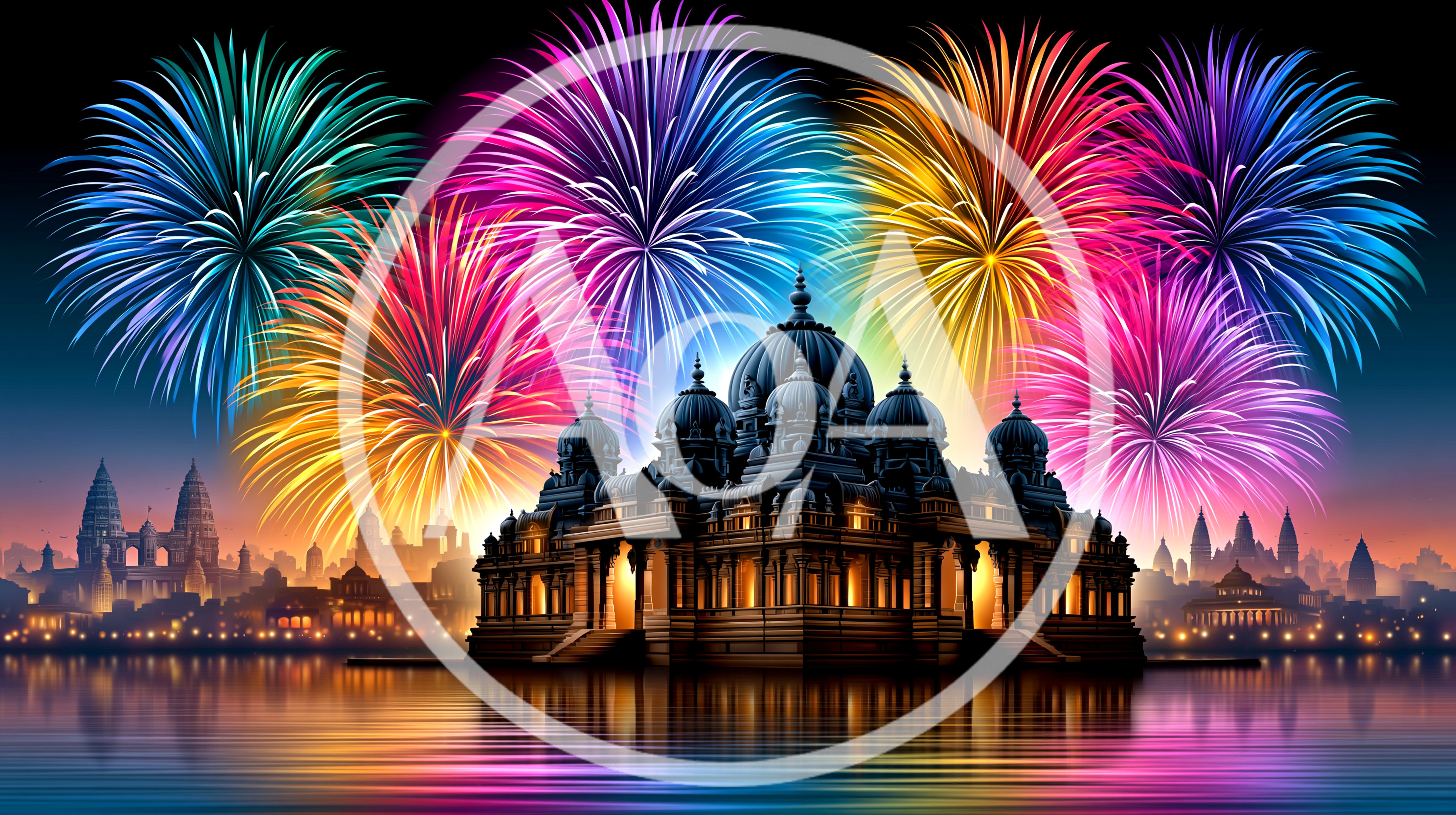 Fireworks Display Over An Illuminated Temple At Night