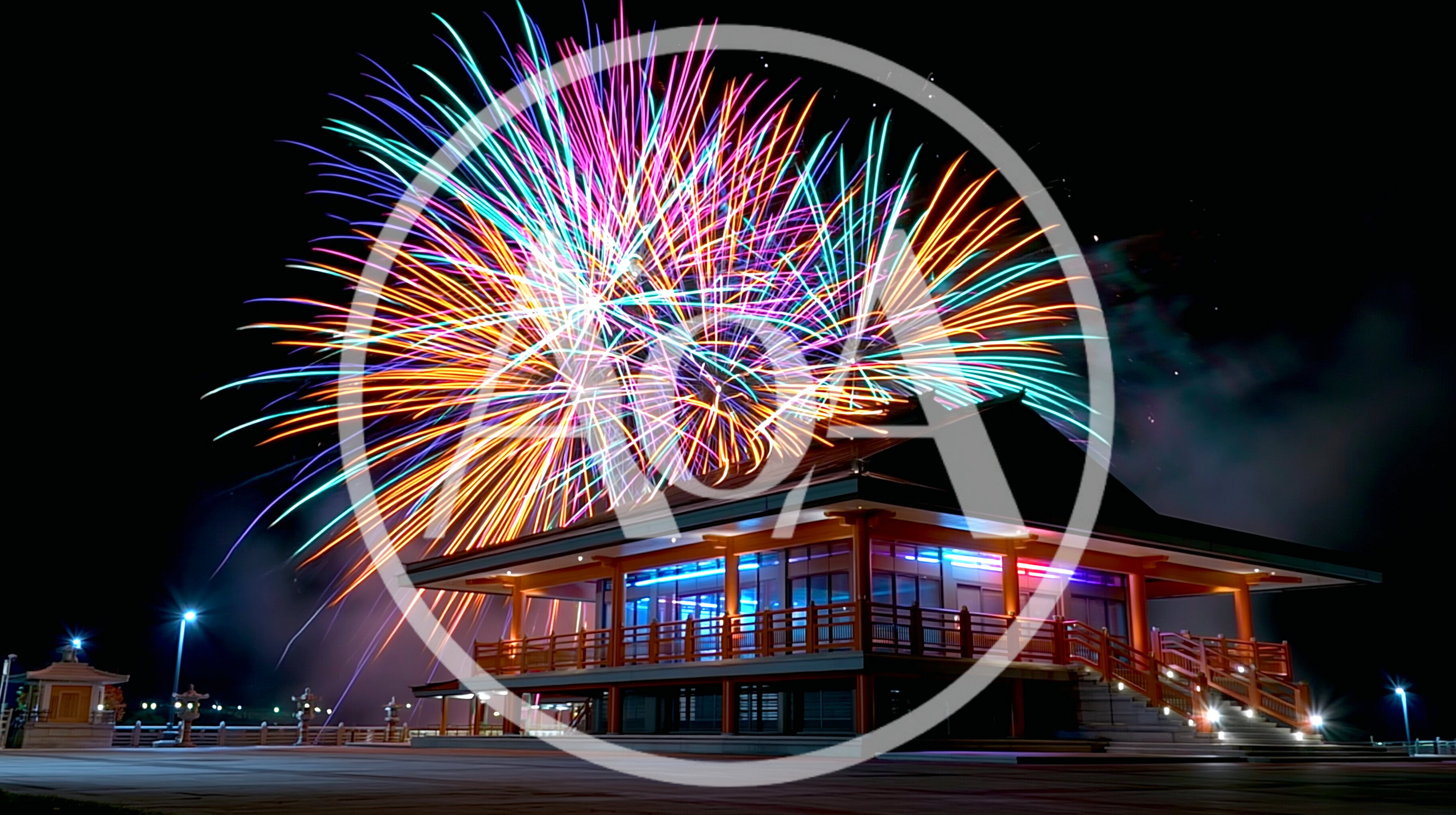 Vibrant Fireworks Display Over Traditional Japanese Temple