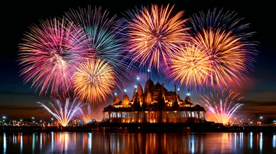 Fireworks Display Over A Hindu Temple At Night