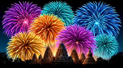 Vibrant Fireworks Display Over Ancient Temple Silhouette