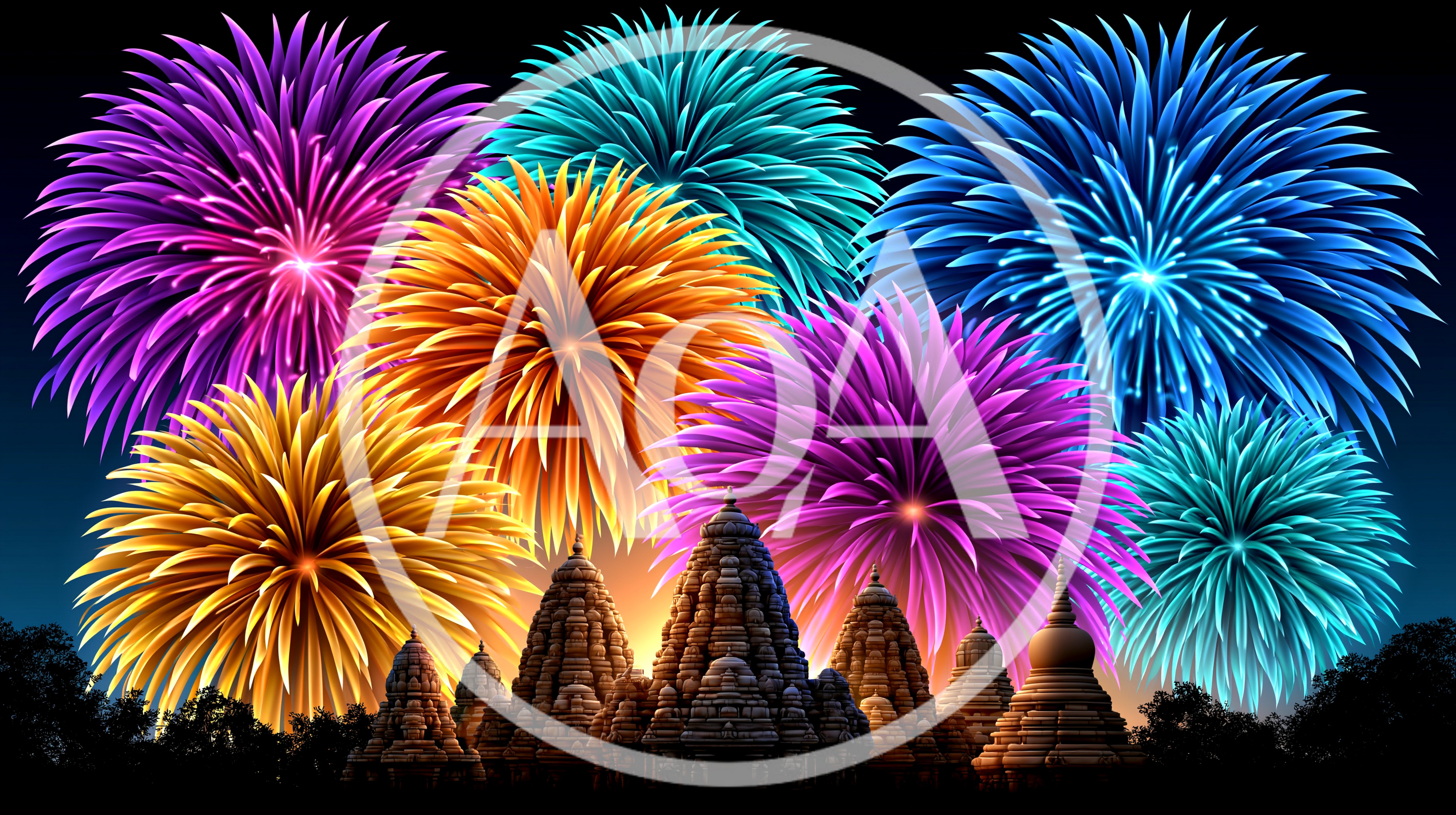 Vibrant Fireworks Display Over Ancient Temple Silhouette