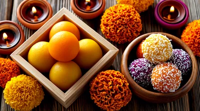 Diwali Celebration Sweets With Marigold Flowers And Diyas