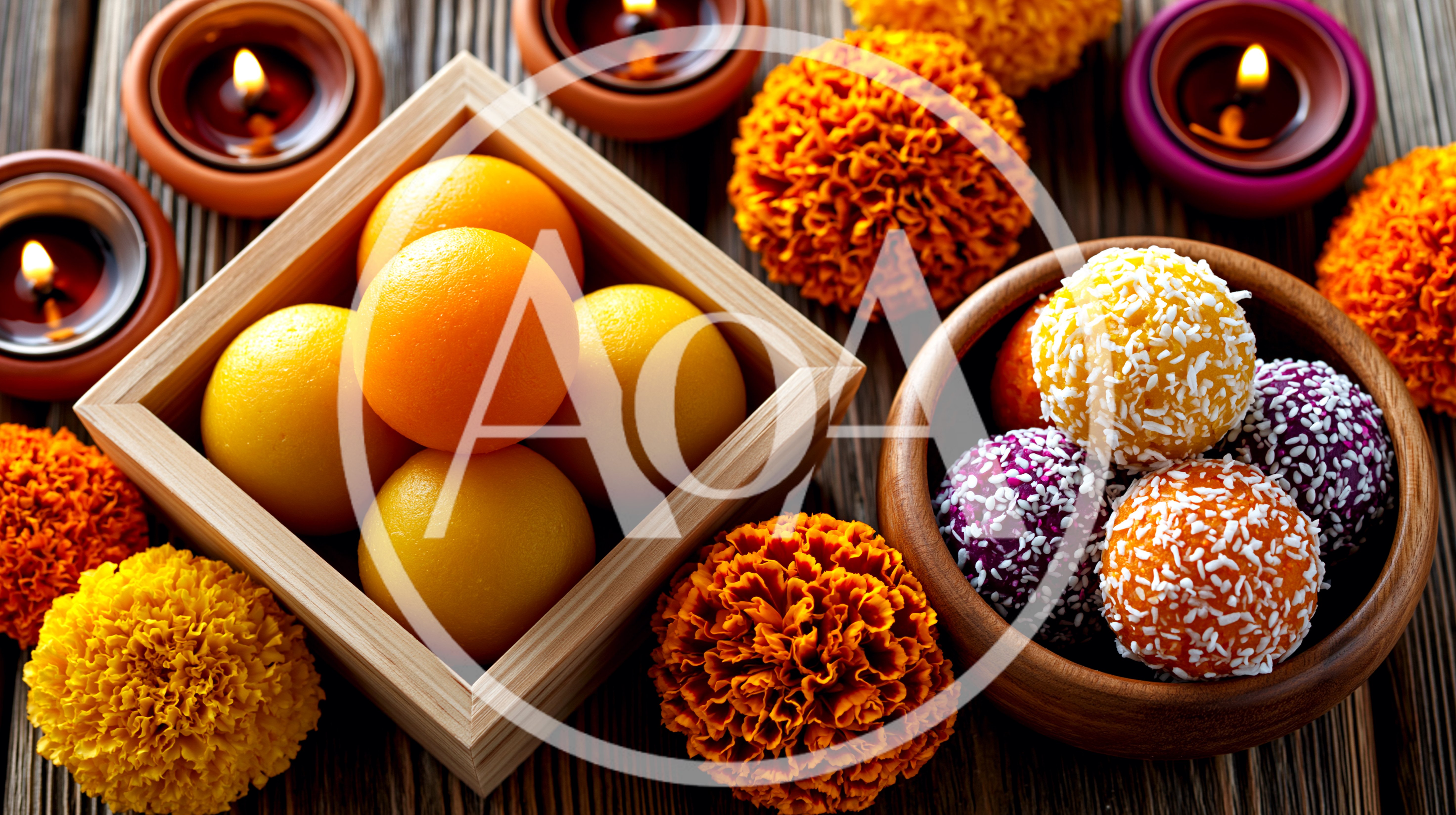 Diwali Celebration Sweets With Marigold Flowers And Diyas