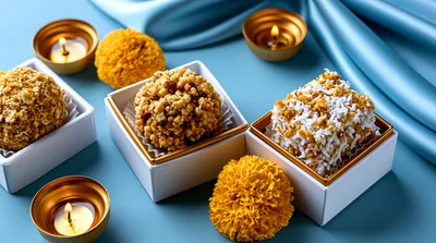 Traditional Indian Sweets In Gift Boxes With Marigolds