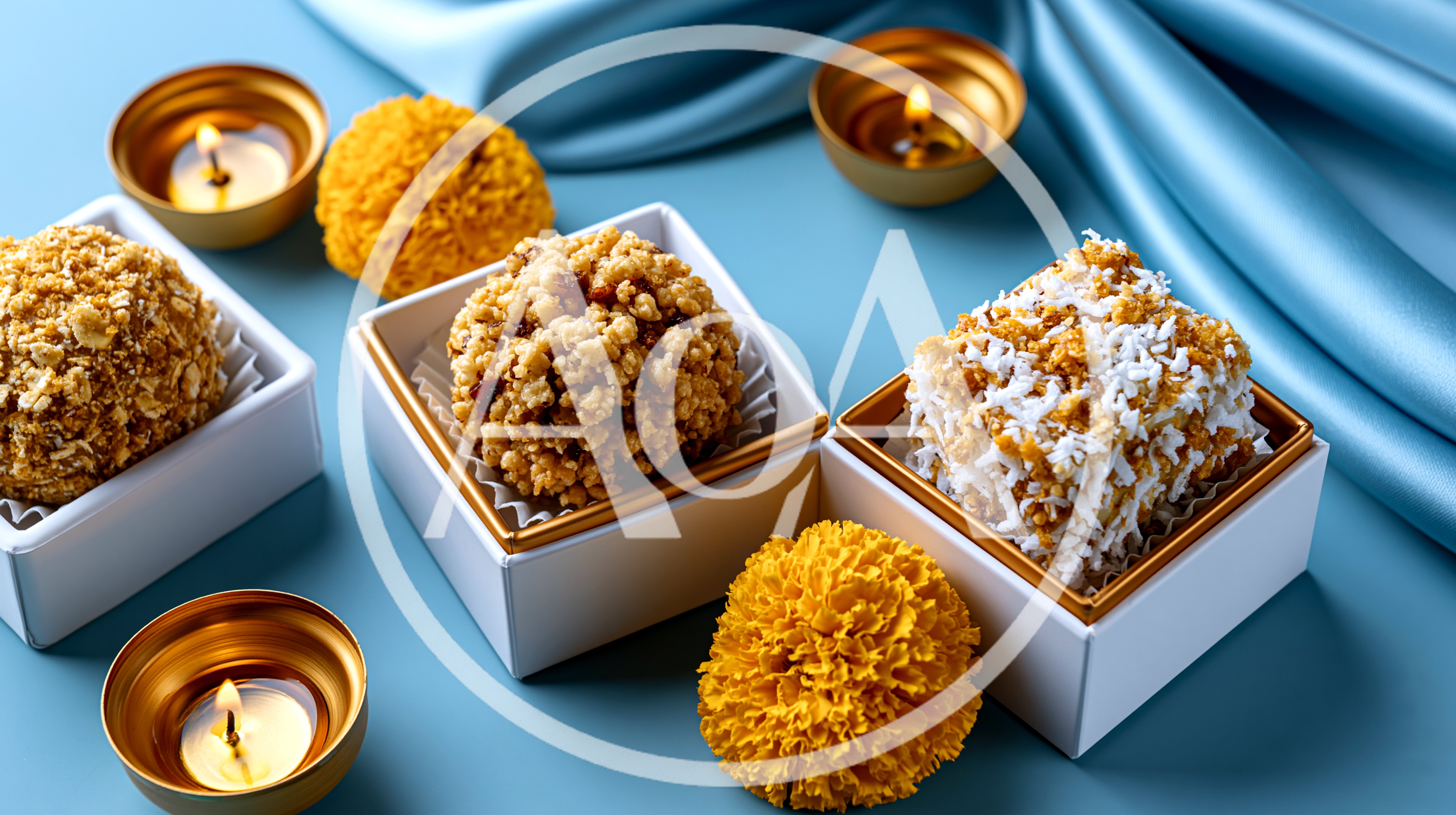 Traditional Indian Sweets In Gift Boxes With Marigolds
