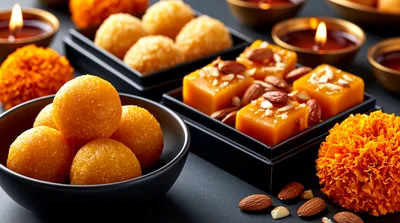 Traditional Indian Diwali Sweets With Marigold Flowers