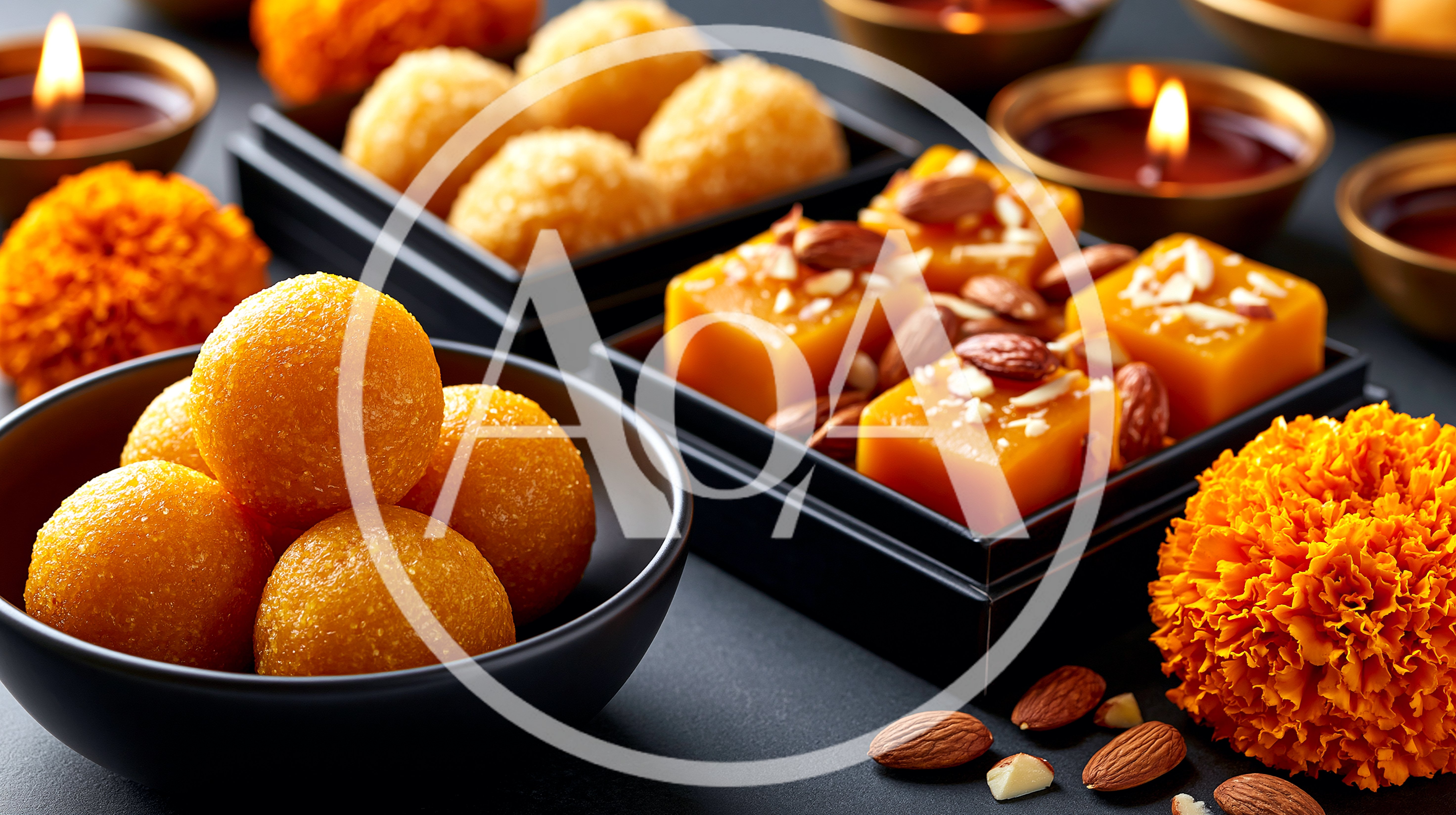 Traditional Indian Diwali Sweets With Marigold Flowers