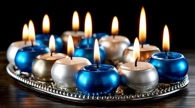 Group of Lit Blue and Silver Candles on Tray