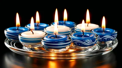 Group of Lit Blue and White Candles on Glass Plate