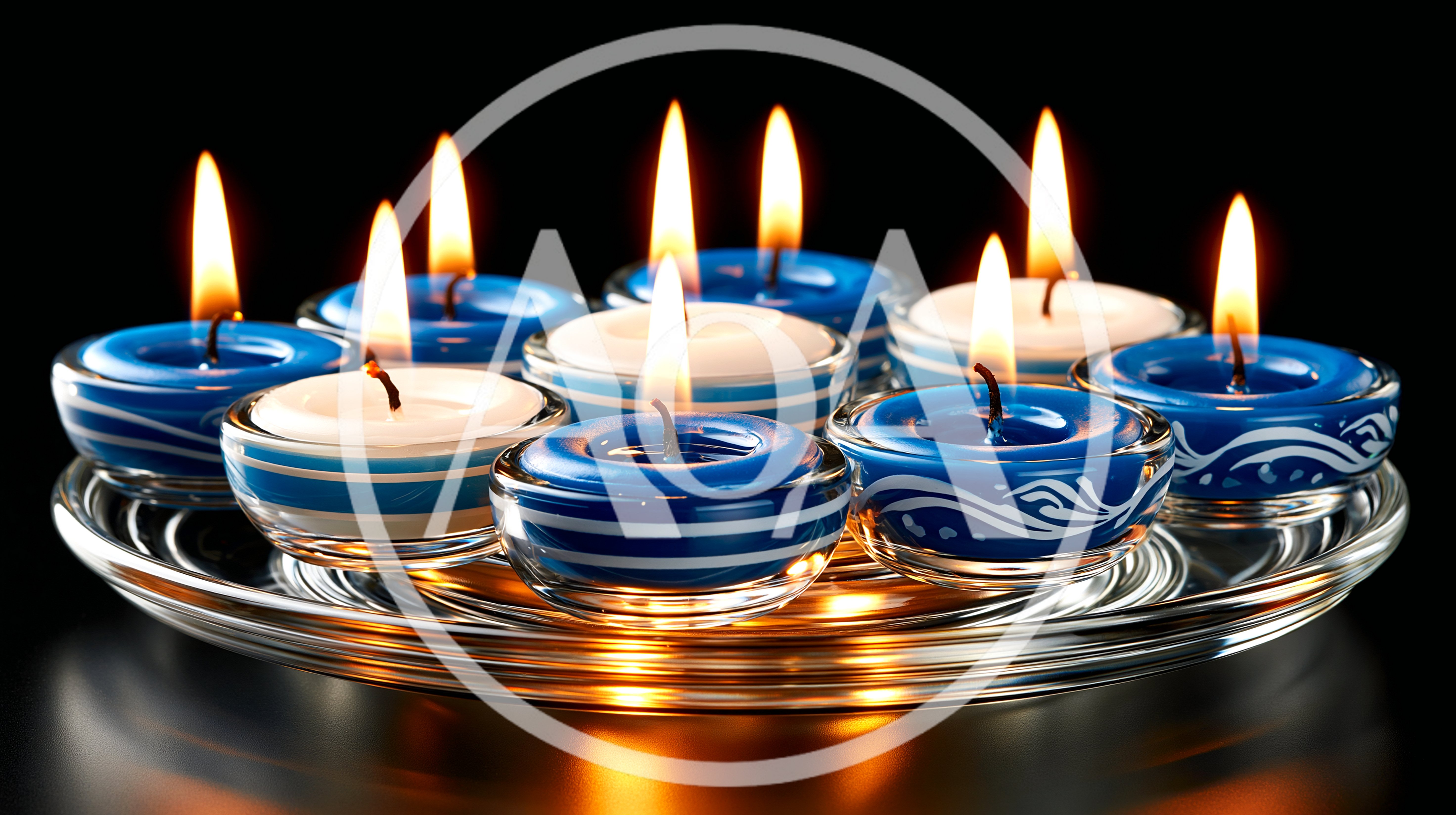 Group of Lit Blue and White Candles on Glass Plate