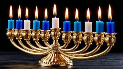 Lit Hanukkah Menorah With Blue And White Candles