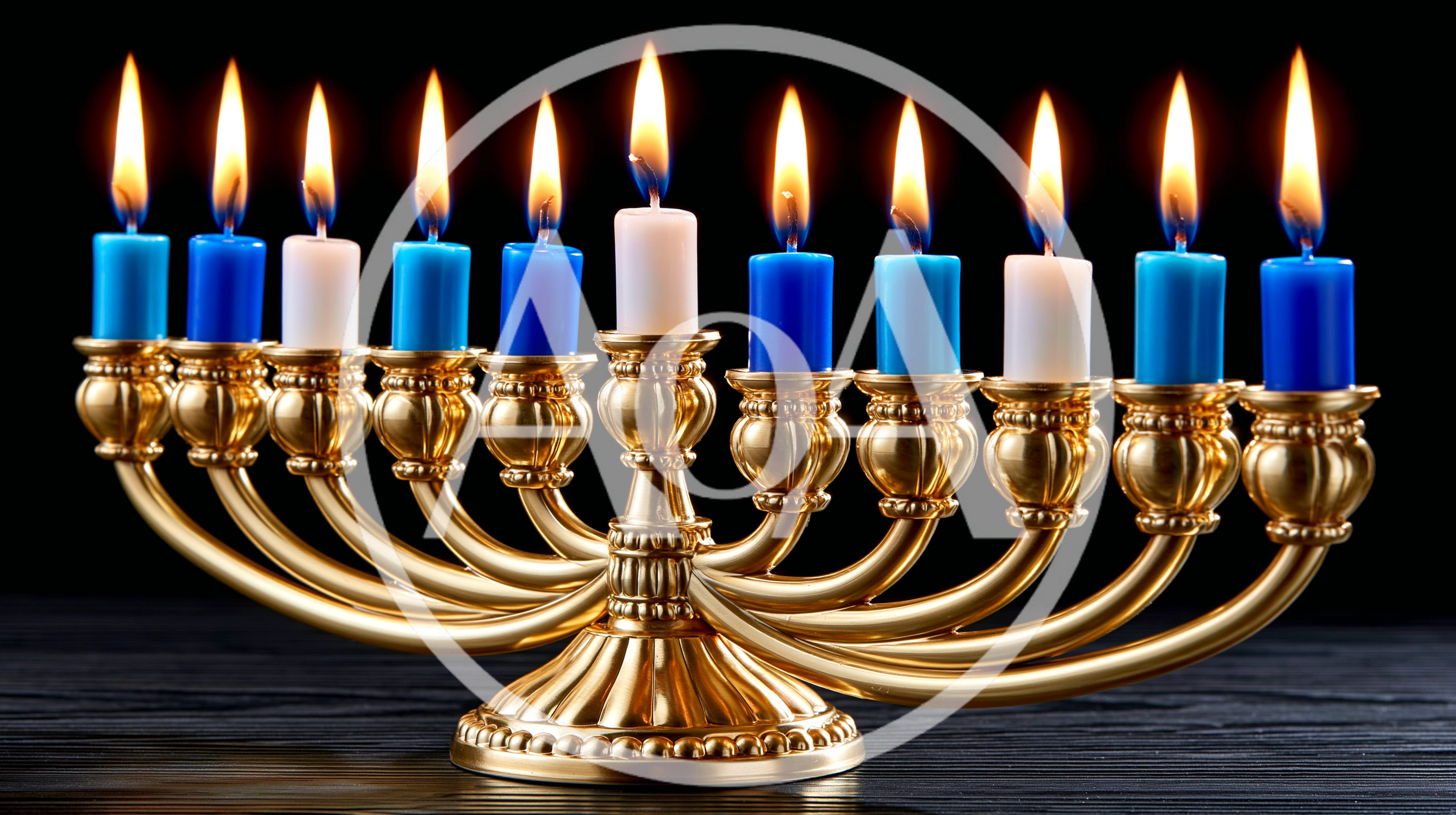Lit Hanukkah Menorah With Blue And White Candles