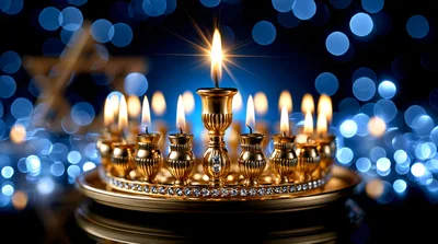 Golden Hanukkah Menorah With Lit Candles