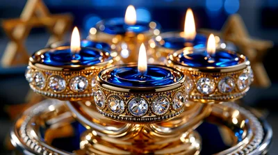Lit Blue Candles In Ornate Gold Holders