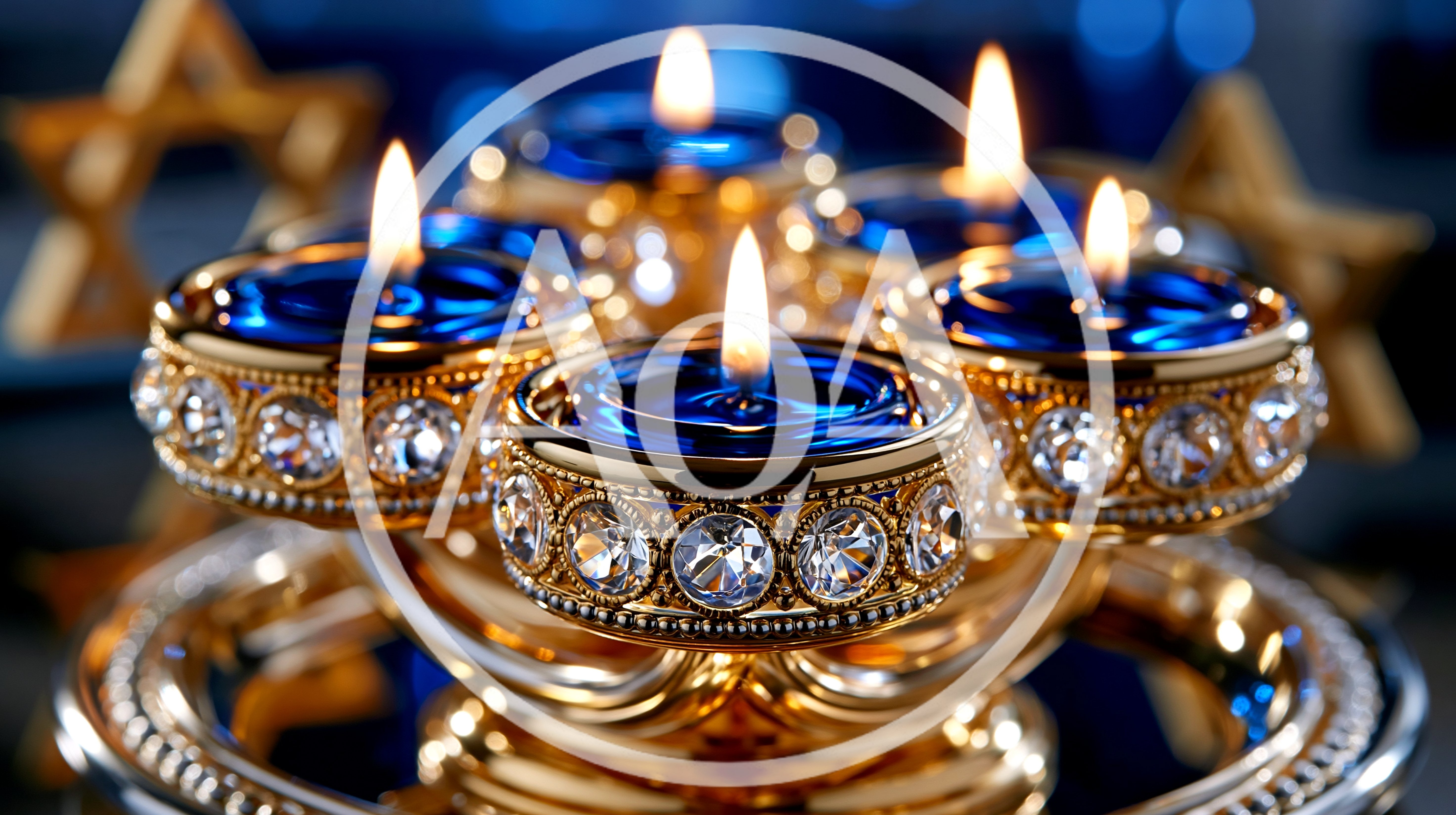 Lit Blue Candles In Ornate Gold Holders