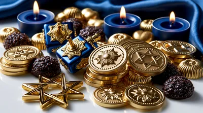 Hanukkah Celebration With Dreidels And Gold Coins