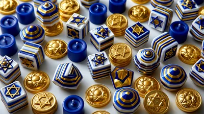 Hanukkah Celebration Items Including Dreidels And Gelt
