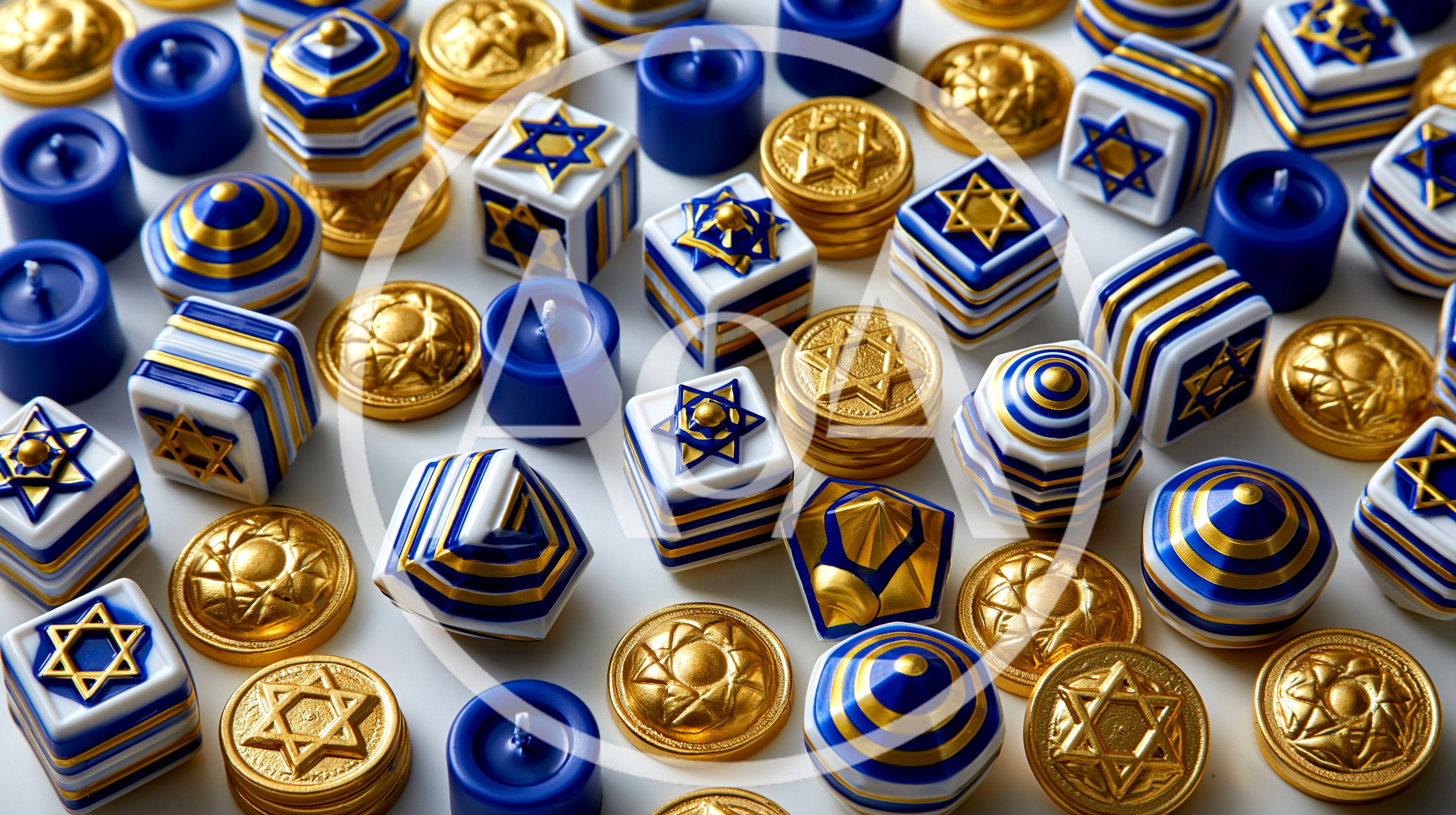 Hanukkah Celebration Items Including Dreidels And Gelt