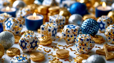 Hanukkah Celebration Decorations With Dreidels And Gold Coins