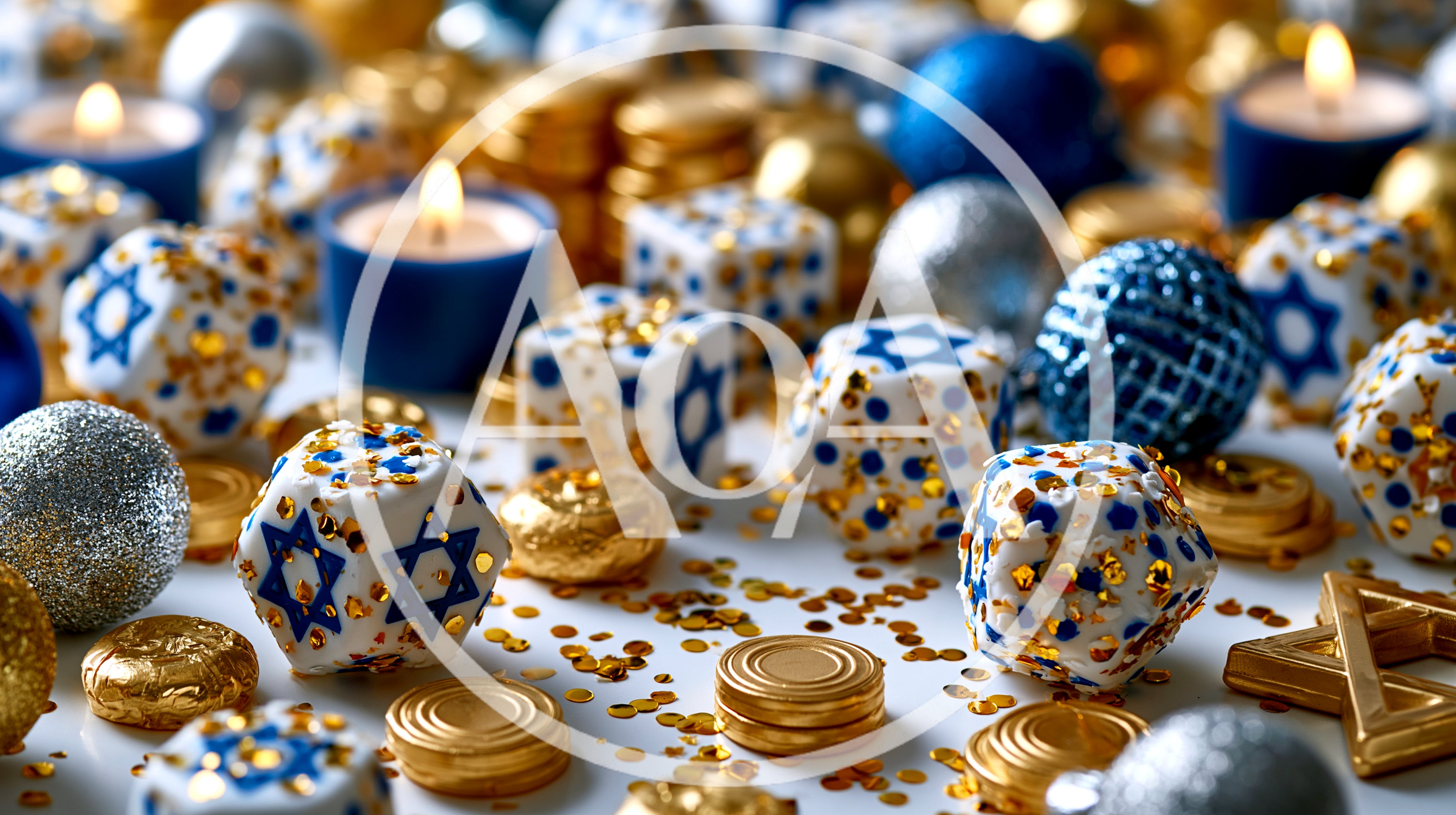 Hanukkah Celebration Decorations With Dreidels And Gold Coins